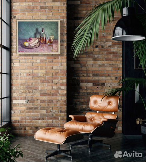 Картина маслом Натюрморт с виски и сыром