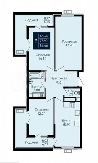 3-к. квартира, 95,3 м², 8/14 эт.