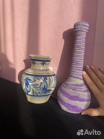 Ваза гжель керамика и обвязанная ваза стекло
