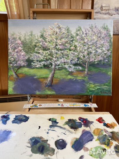 Картина с цветами деревья масло на холсте пейзаж