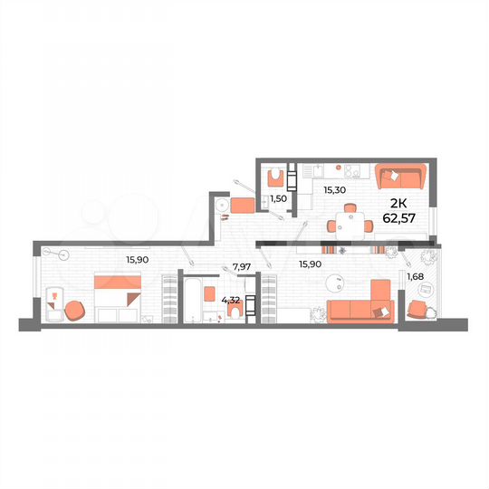 2-к. квартира, 62,6 м², 12/13 эт.