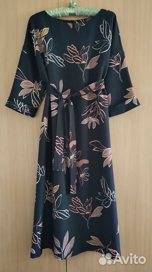 Платье женское, миди, рукав 3/4, черное, с поясом