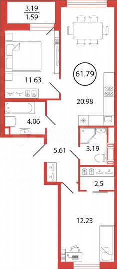 2-к. квартира, 61,8 м², 7/12 эт.