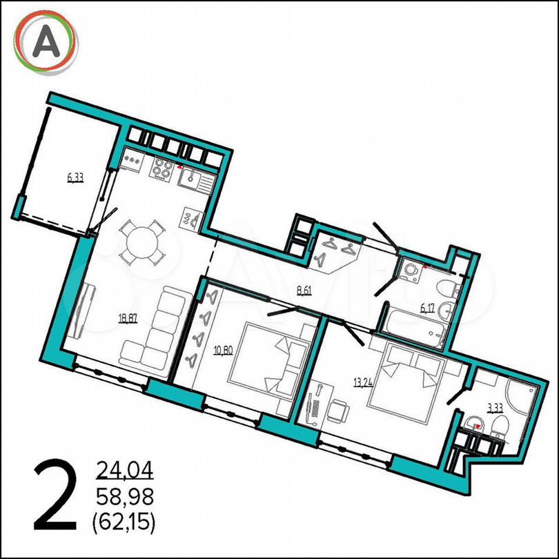 2-к. квартира, 62,2 м², 8/16 эт.