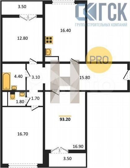 3-к. квартира, 93,2 м², 10/15 эт.