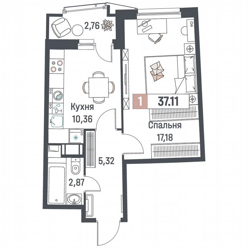 1-к. квартира, 37,1 м², 9/18 эт.