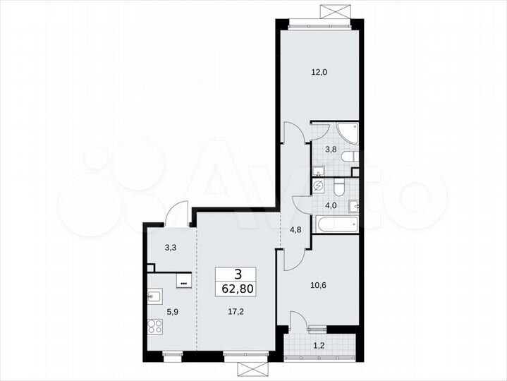 3-к. квартира, 62,8 м², 2/9 эт.