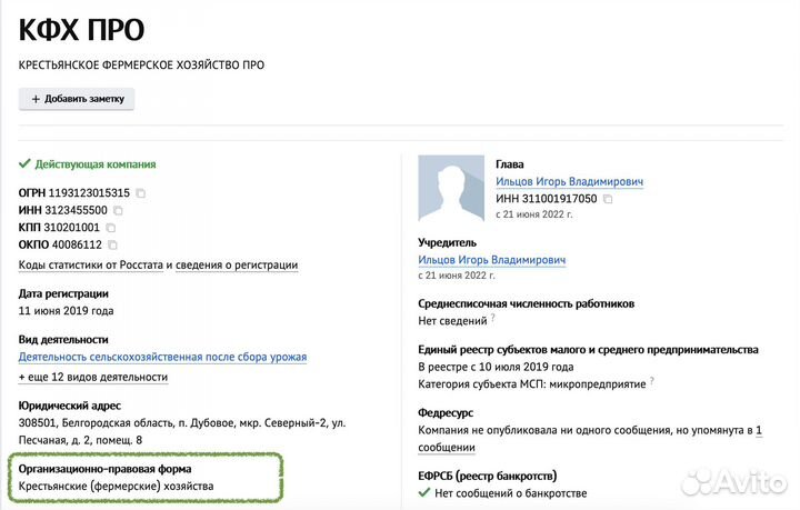 Продам юрлицо кфх (инн 3123455500)