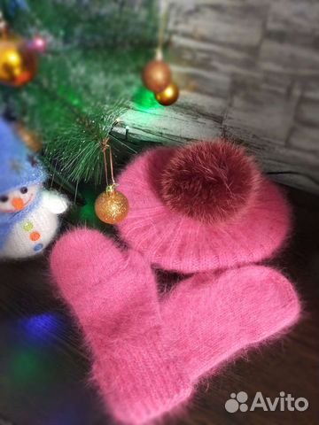 Берет и варежки детские из пуха норки