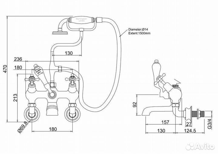 Смеситель для ванны Burlington Regent CLR21-QT BLA хром/ручки черные