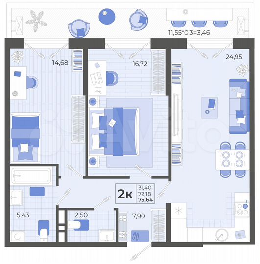 2-к. квартира, 75,6 м², 2/12 эт.
