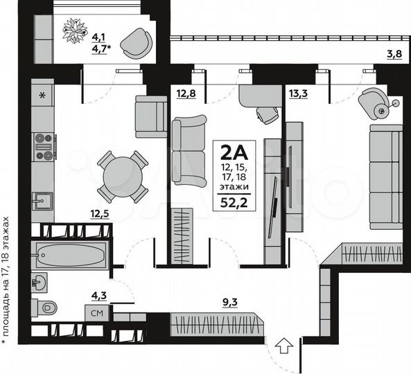 2-к. квартира, 59,3 м², 12/20 эт.