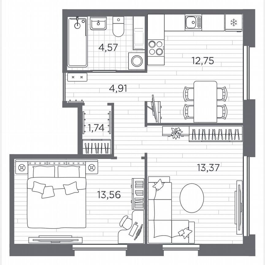 2-к. квартира, 50,9 м², 5/5 эт.