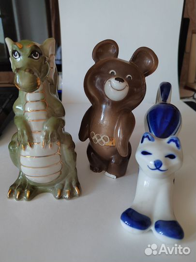 Фарфоровые мишка кошка и дракон