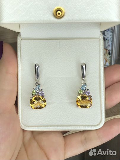 Цитрин,топаз,аметист,хризолит,серьги