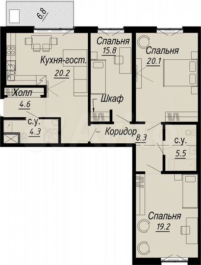 3-к. квартира, 104,5 м², 6/8 эт.