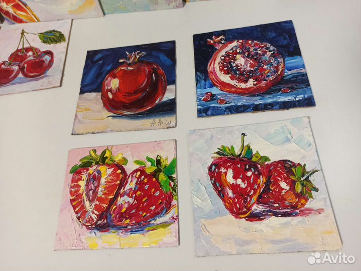 Фрукты гранат картина маслом миниатюра 15*15 см