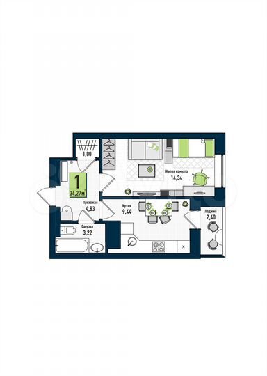 1-к. квартира, 34,3 м², 13/17 эт.