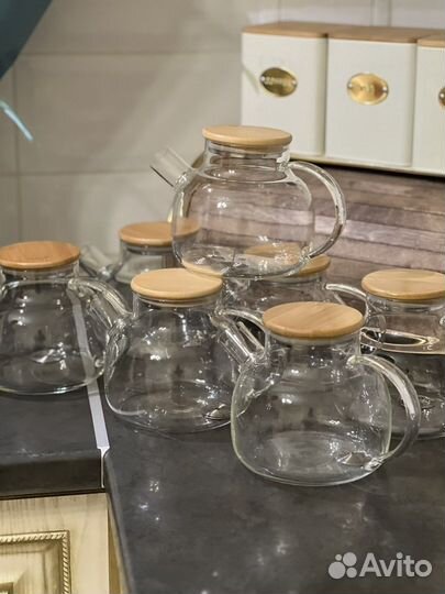 Чайник жаропрочный 1л с бамуковой крышкой