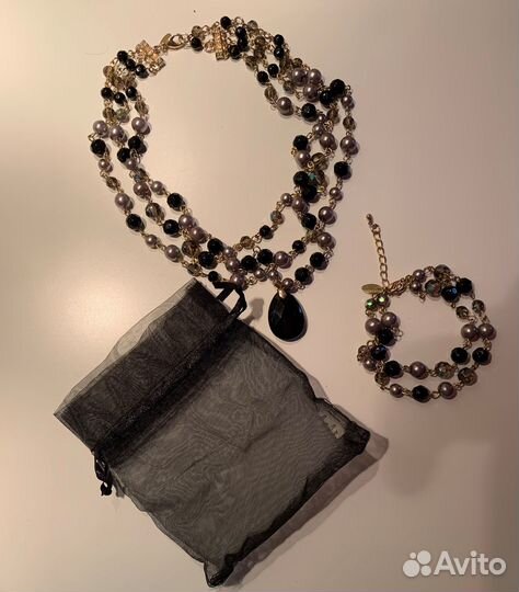 Колье - 3 нитки с агатом и браслет