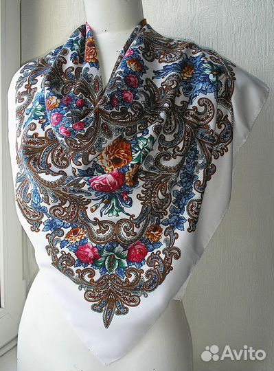 Платок Шерсть Павлово Посадский Стиль Белый