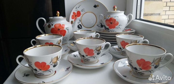Сервиз чайный Алый цветок 6/21, фарфор лфз
