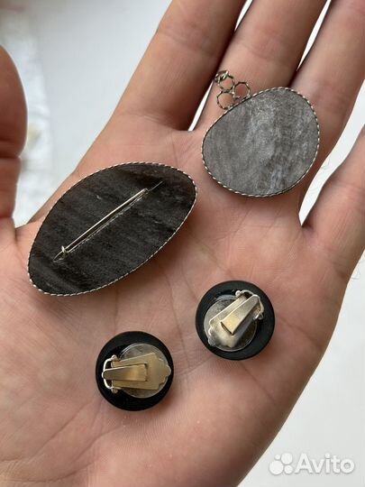 Серьги, кулон, брошь, клипсы из обсидиана
