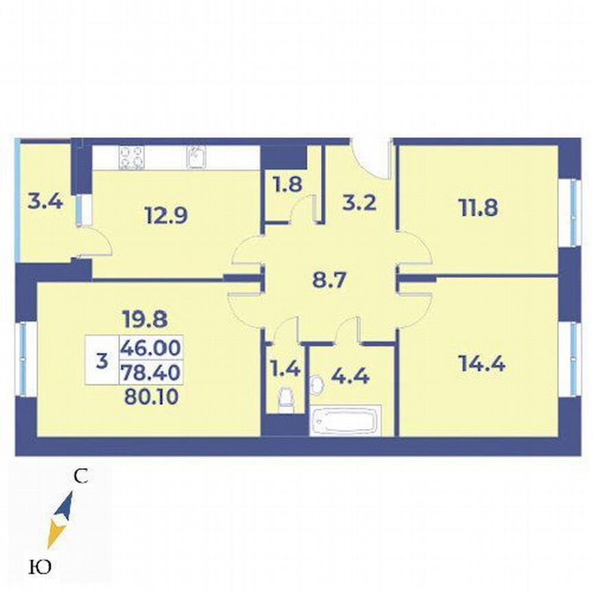 3-к. квартира, 80,1 м², 7/9 эт.