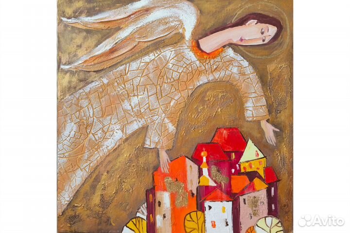 Картина Ангел городской пейзаж маслом 40х40 заказ