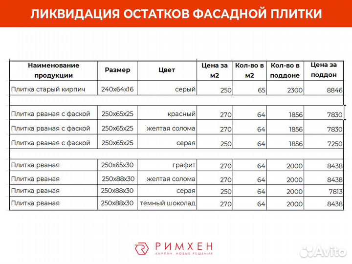 Плитка облицовочная/фасадная с завода