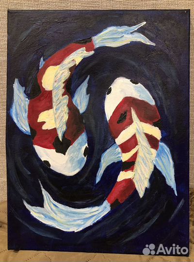 Картина акрилом на холсте Рыбы Карпы кои