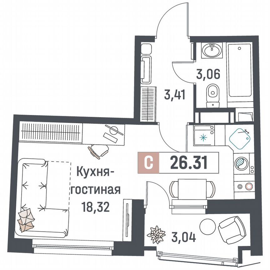 Квартира-студия, 26,3 м², 11/18 эт.