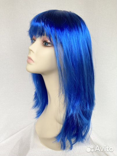 Парик синий голубой прямой с чёлкой