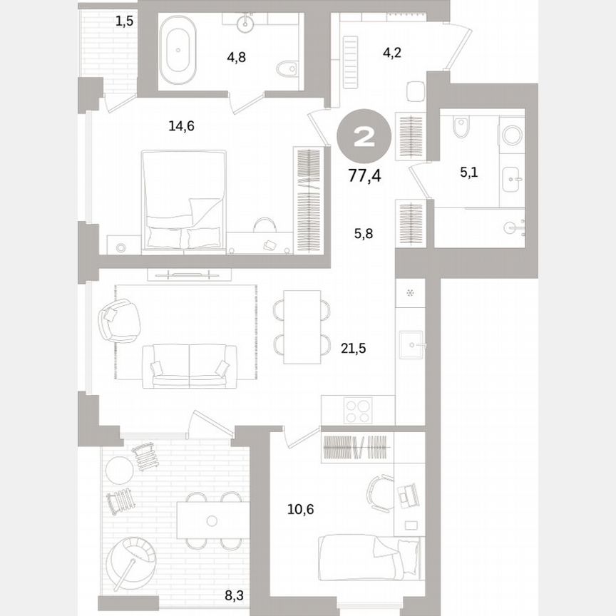 2-к. квартира, 75,8 м², 5/15 эт.