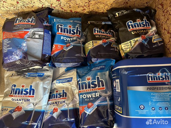 Таблетки, капсулы, соль, моющие средство Finish