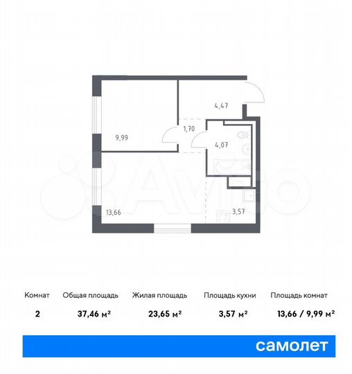 2-к. квартира, 37,5 м², 9/9 эт.