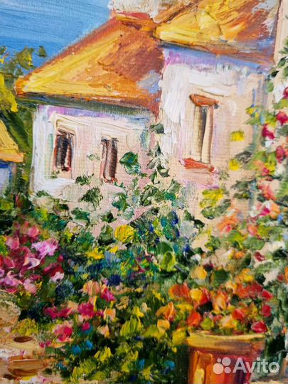 Картина маслом пейзаж лето море улицы дома холст