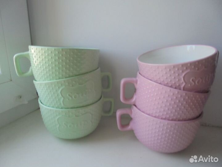 Наб 6 шт керам бульон с ручкой 570 мл розов/салатн