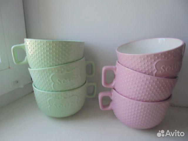 Наб 6 шт керам бульон с ручкой 570 мл розов/салатн