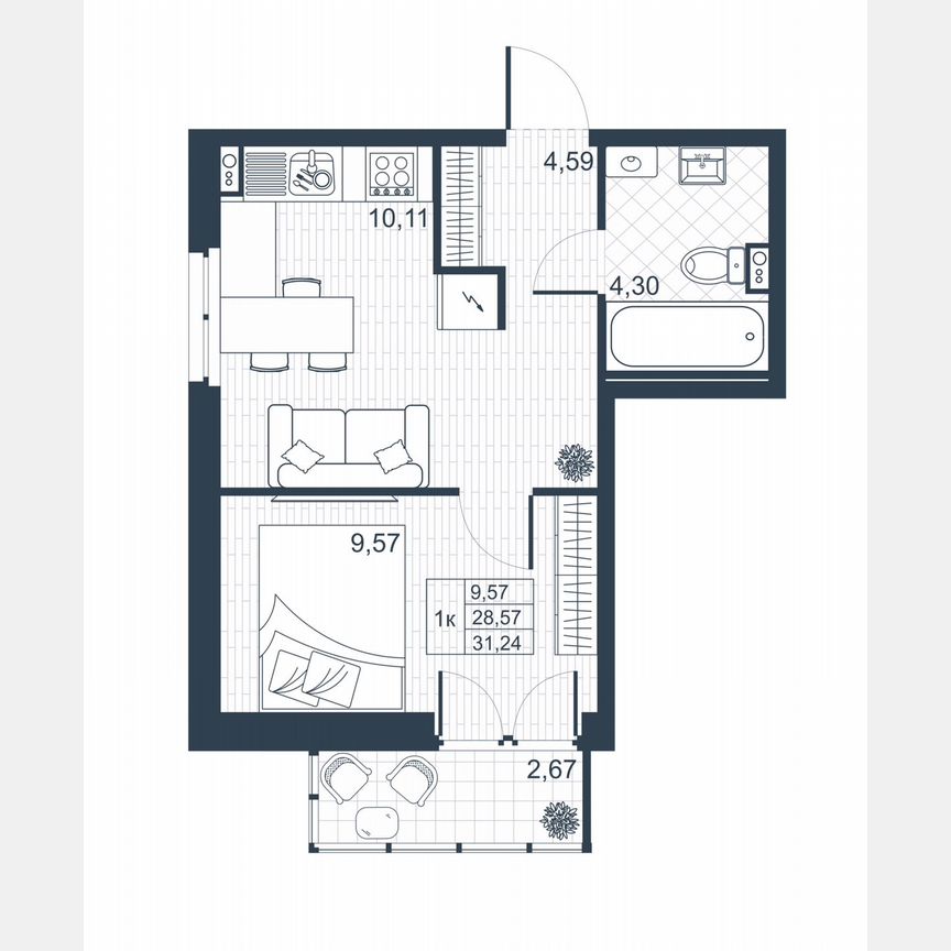 1-к. квартира, 29,4 м², 1/8 эт.