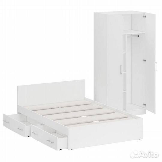 Кровать белая двуспальная с ящиками 1400 со шкафом для одежды 2-х створчатым Стандарт, цвет белый, с