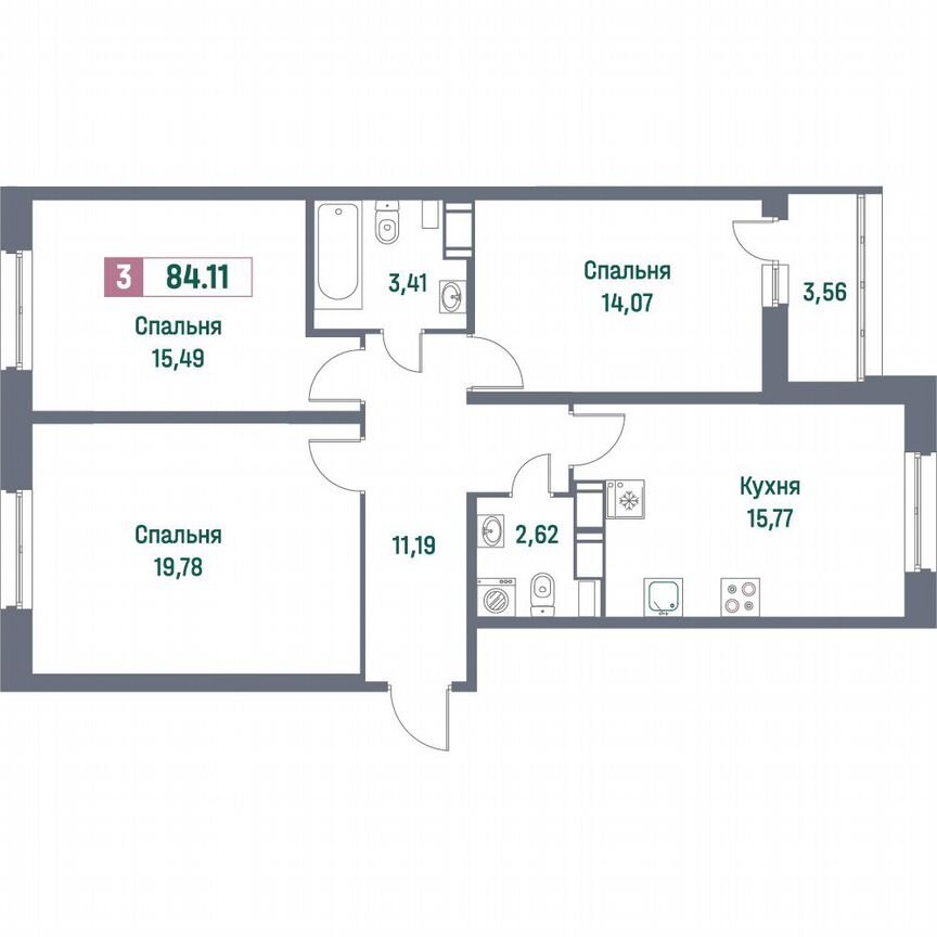 3-к. квартира, 84,1 м², 11/16 эт.