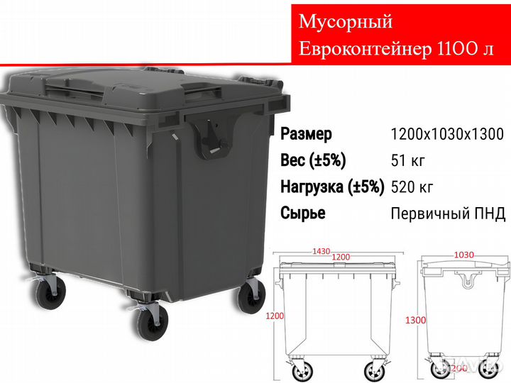 Мусорный Пластиковый Евроконтейнер 1100л C2601