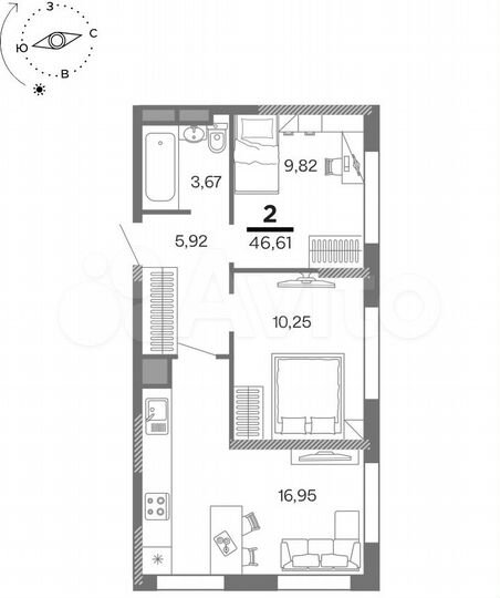 2-к. квартира, 46,6 м², 3/25 эт.