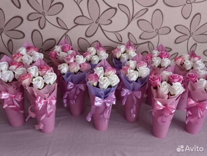Букеты из 5 мыльных роз,цветы из мыла,мыльные розы