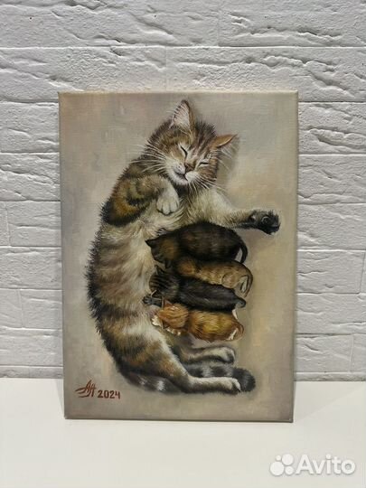 Картина маслом на холсте 25/35 Мама кошка 2024 г