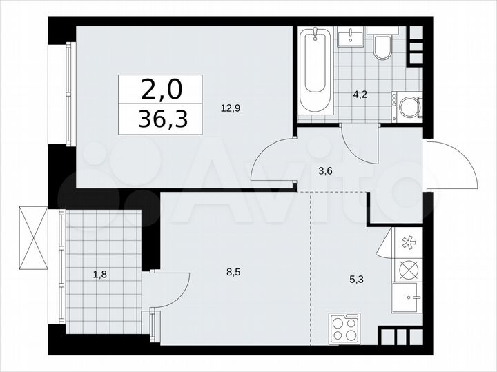 2-к. квартира, 36,3 м², 8/21 эт.