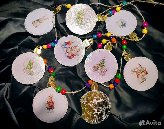 Деревянная гирлянда, флажки на ёлку