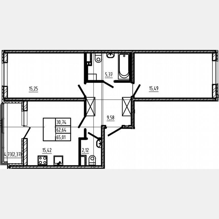 3-к. квартира, 62,6 м², 3/4 эт.
