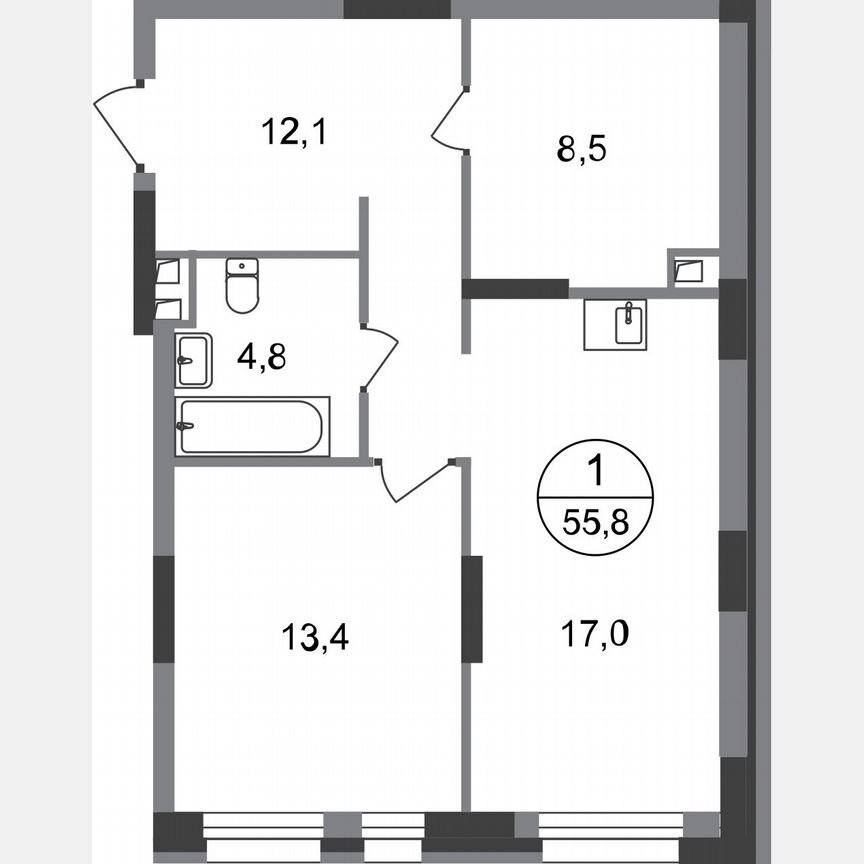 1-к. квартира, 55,8 м², 2/20 эт.